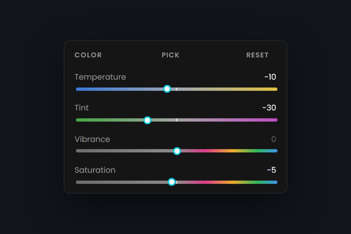 Color sliders in the Proshot Studio editor: colored scales for temperature, tint, vibrance and saturation