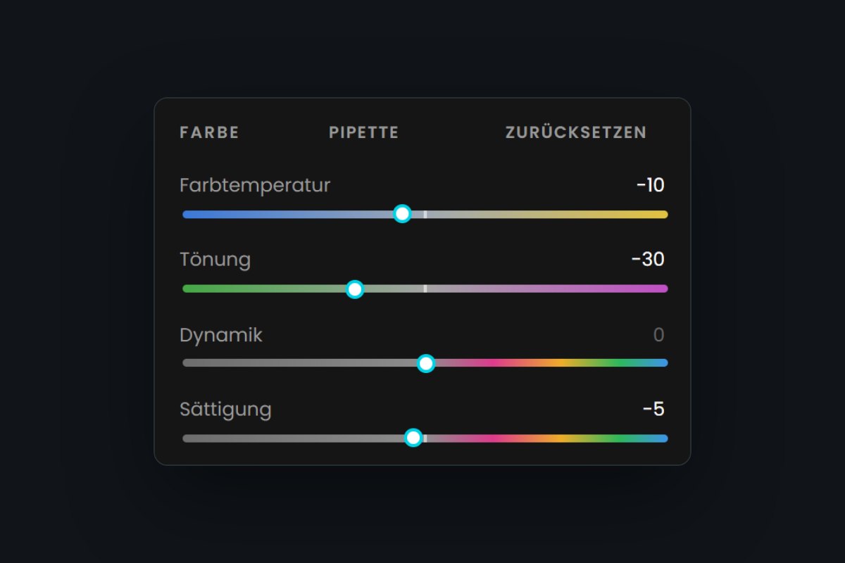 Farbregler im Editor von Proshot Studio: farbige Skalen für Farbtemperatur, Tönung, Dynamik und Sättigung